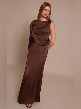 PrettyLittleThing Chocolate Brown Asymmetrical Cape Detail Boat Neck Maxi Dress
